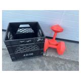 Black crate w/ 2 orange 10lb dumbbells