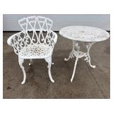 White metal garden table and chair