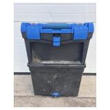 Black / blue plastic tool box on wheels