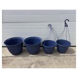 4 blue plastic planter pots