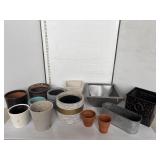 Lot: metal snd clay flower pots, misc
