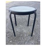 Metal framed round glass top patio end table