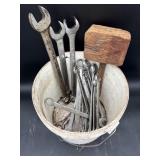 Pail of wrenches & wood mallet