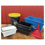 Lot: blue box, black mixer pail, misc