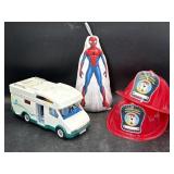 Playmobile surf bus, spiderman plush stand, fire