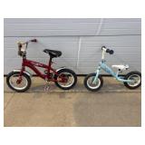 Blue balance bike and red childs bike