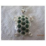 Green Glass Silver Turtle Necklace - 20