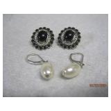2 Pr Black Onyx & Pearl Earrings