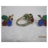 Blue, red and Green Scarab Ring & Earrings -
