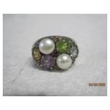 Sterling Deco Multi Color Pearl Ring - 9.5