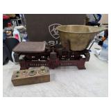 Antique Cast Iron Grain Scale Brass Bowl &