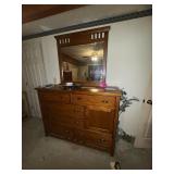 Bedroom suite: large wooden dresser w/ mirror,