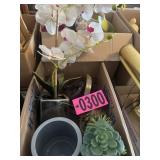 Box lot: artificial plants, pots, cactus decor,