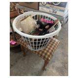 Laundry basket lot: lamp parts, dolls, decor