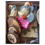 Box lot: wood and ceramic decorative wall plaques