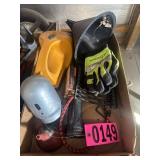 Box lot: flashlights, gloves, funnels, tarp