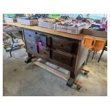 Wood work bench on portable frame w/ vise