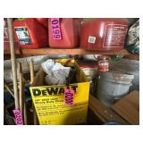 Shelf contents: bottom shelf of buckets and box