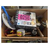 Box lot: crodless phone, flashlight, small hand