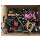 Box lot: hand saw, hammers, screw drivers,
