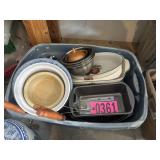 Plastic tub of bakeware and dishes