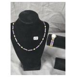 Lavender Jade and silver tone watch and necklace