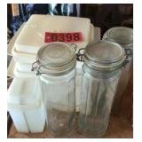 Tupperware containers and (3) tall glass jars
