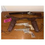Mattell Fanner 50 toy guns, leather holster, &