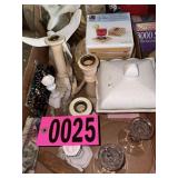 Flat of candle holders, mirror, coasters