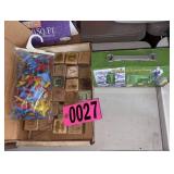 Vintage toy blocks, planes, John Deere lunch box