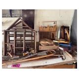 Table and contents - wood shelves, canes and