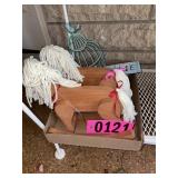Flat of wood horses, bird house
