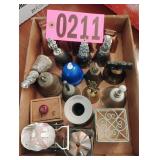 Flat of asst brass bells and candle holders