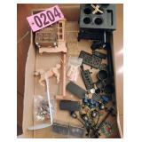 Flat of asst cast iron and wood doll furniture