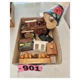 Assorted vintage wooden decor including train