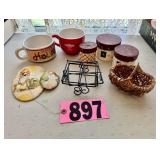 Assorted kitchen and household decor including