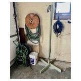 Assorted garden hoses, hose reel/cart, extension