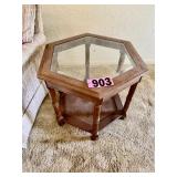 Hexagonal wood and glass-top end table with lower