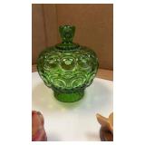 Vintage green glass candy dish, salt and pepper