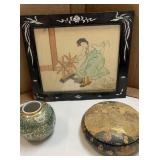 Oriental watercolor 1940s in a black lacquer