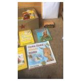 Toys children's books, crayons, old touring card