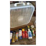 Box fan and cleaning supplies