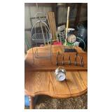 Coat rack, fruit tray, two clocks