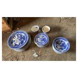 Blue and white plates, bowls, and saucers