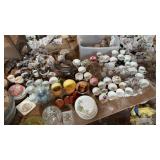 Large assortment of tea cups, Spond holders lamp,