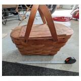 Vintage Basket, two handle, hinged wooden lid