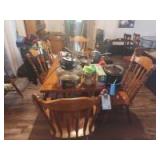 WOODEN DINING ROOM TABLE AND CHAIRS WITH BENCH - TABLE 5FT. L. X 3FT. W. - 6 CHAIRS- 1 BENCH