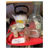 Older Tea Pot 4' Aluminum Pan a Vintage Hand Mixer 6 Glass Botles