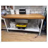 Butcher Block Top Work Table - Top is 72” x 30” - Butcher Block is just shy of 3” Thick - Counter Height is 35” - Metal Base - Stainless Drawer