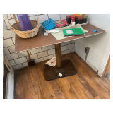 A Wood Top Metal Base Table 42' x24'x30' with a Wood Table 27'x27'x29'